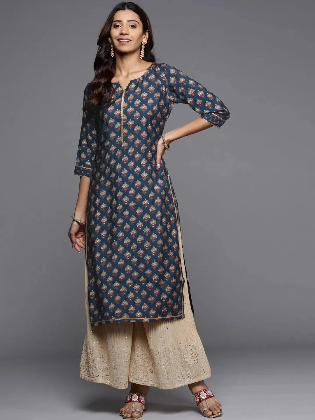 Navy Blue Printed Silk Straight Kurta - Libas