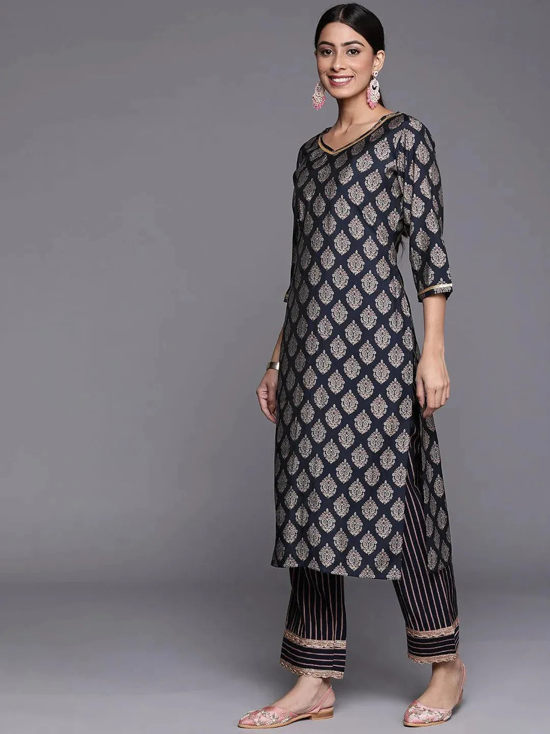 Navy Blue Printed Silk Straight Kurta - Libas 