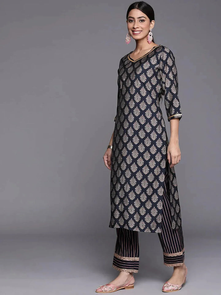 Navy Blue Printed Silk Straight Kurta - Libas