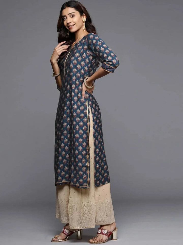 Navy Blue Printed Silk Straight Kurta - Libas
