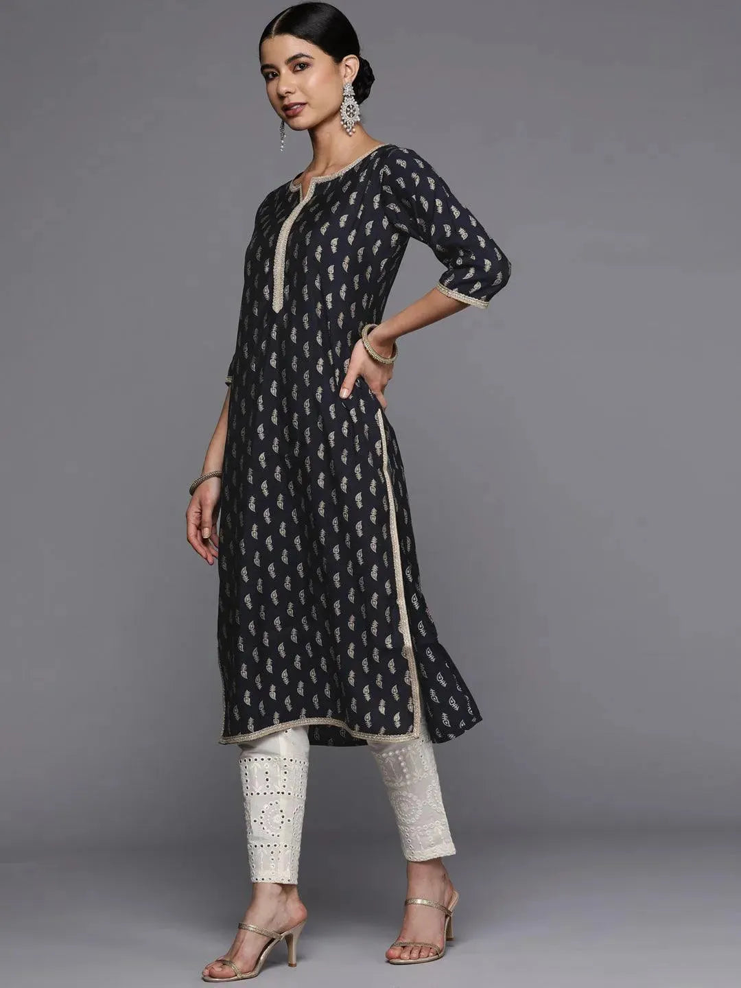 Navy Blue Printed Silk Straight Kurta - Libas 