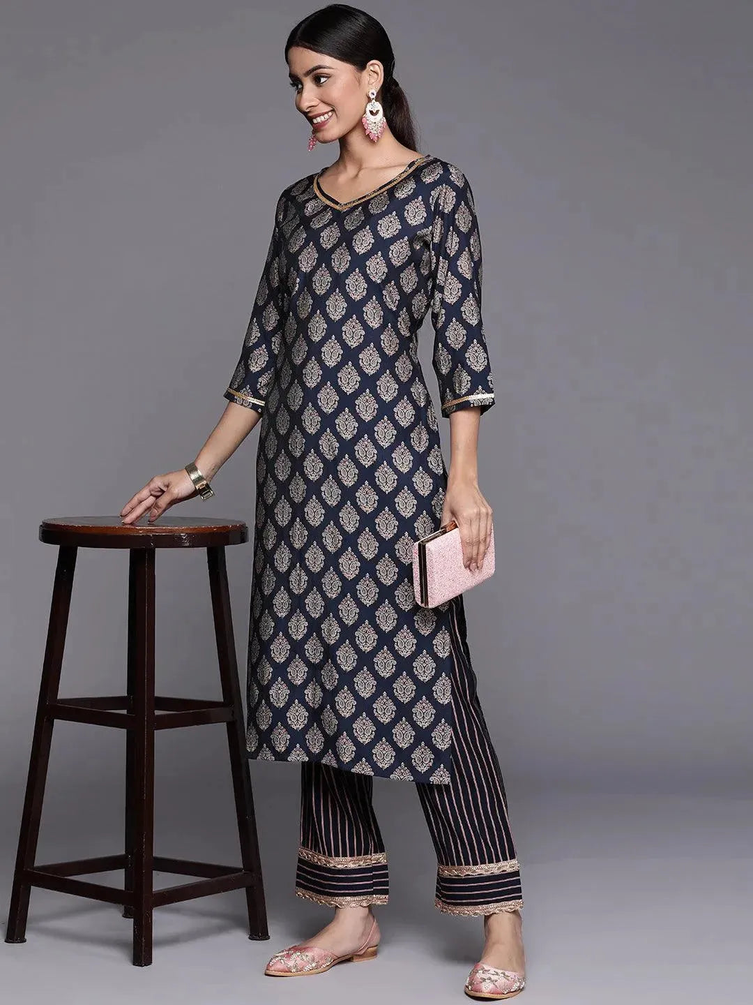 Navy Blue Printed Silk Straight Kurta - Libas