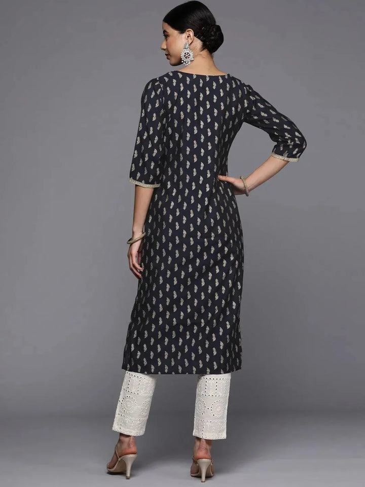 Navy Blue Printed Silk Straight Kurta - Libas