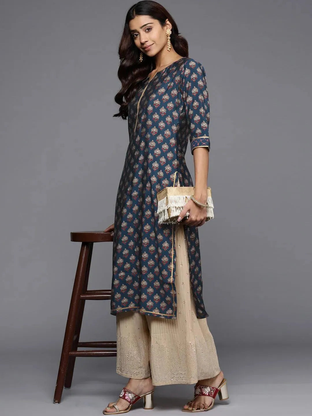 Navy Blue Printed Silk Straight Kurta - Libas