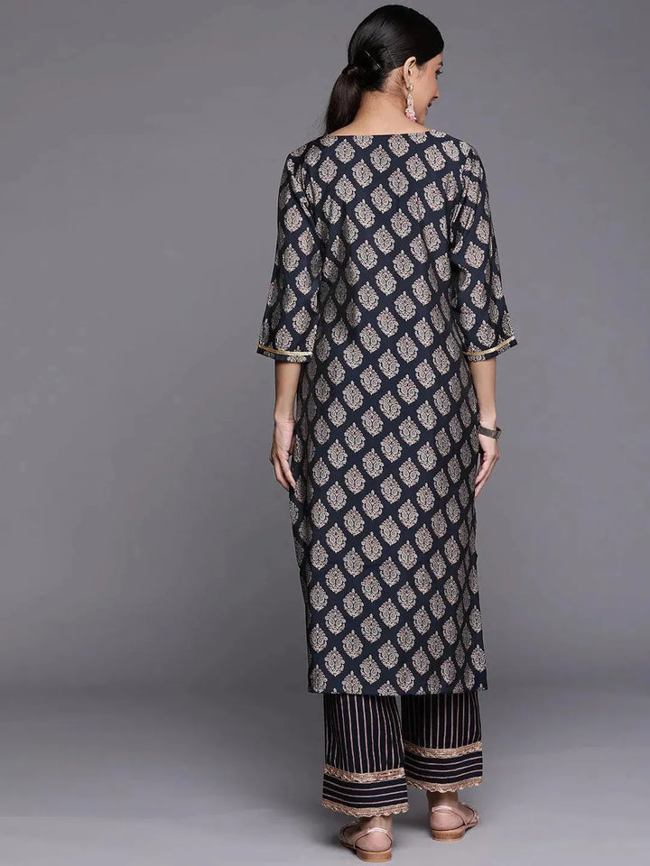 Navy Blue Printed Silk Straight Kurta - Libas