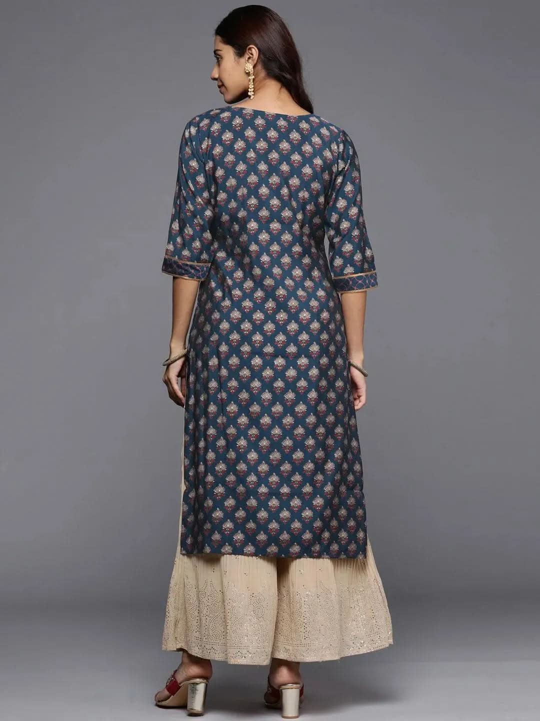 Navy Blue Printed Silk Straight Kurta - Libas 