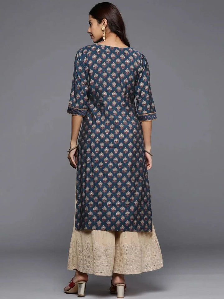 Navy Blue Printed Silk Straight Kurta - Libas