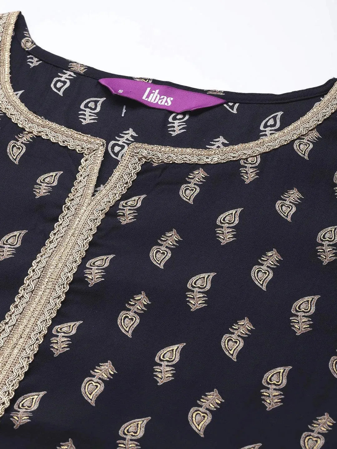 Navy Blue Printed Silk Straight Kurta - Libas 