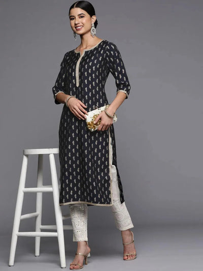 Navy Blue Printed Silk Straight Kurta - Libas