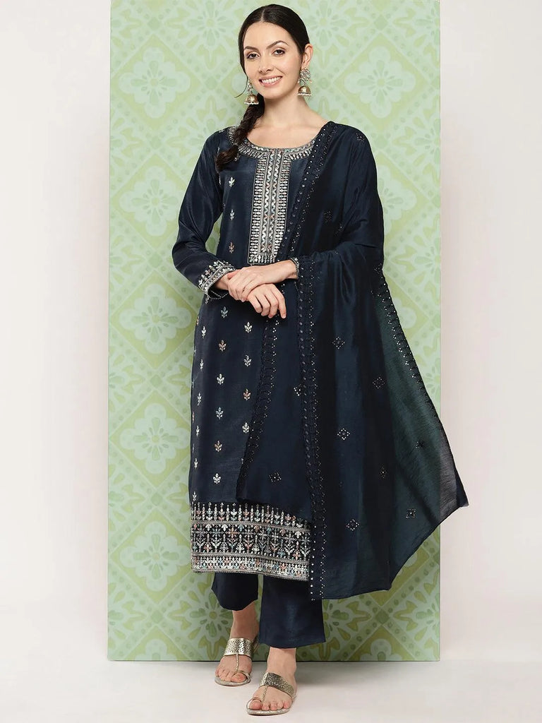 Libas Blue Printed Silk Straight Suit With Dupatta