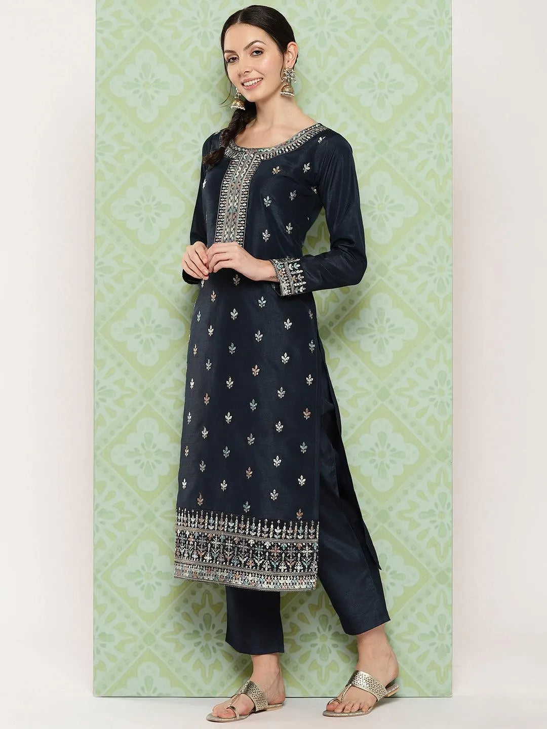 Blue Printed Silk Straight Suit With Dupatta - Libas 