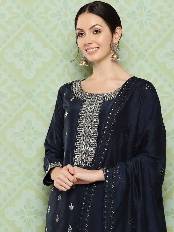 Blue Printed Silk Straight Suit With Dupatta - Libas