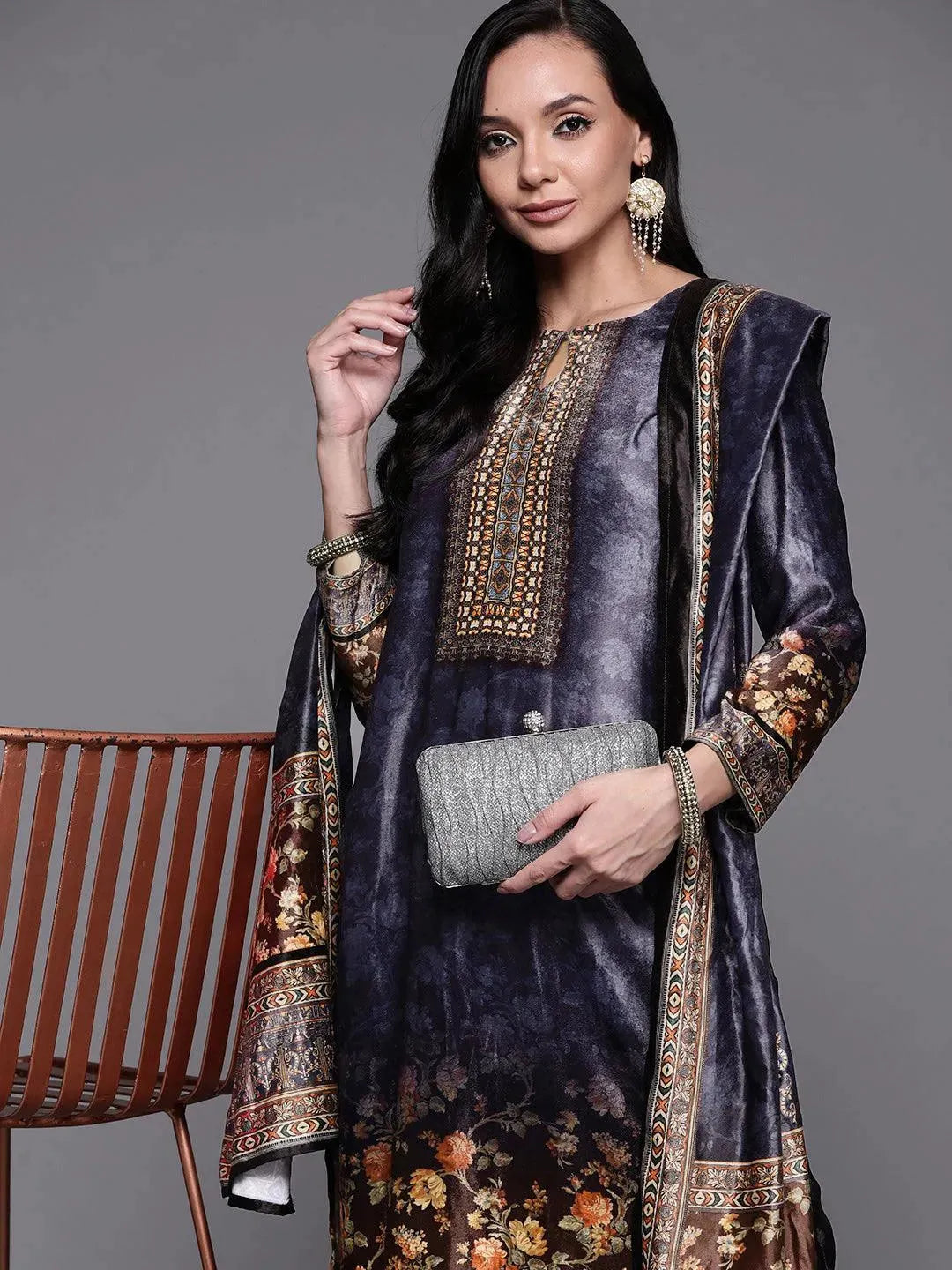 Navy Blue Printed Velvet Suit Set - Libas