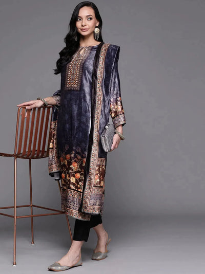 Navy Blue Printed Velvet Suit Set - Libas