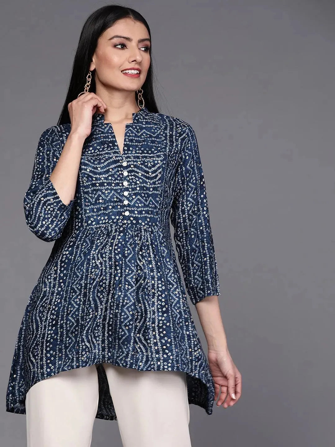 Navy Blue Printed Viscose Rayon Kurti - Libas