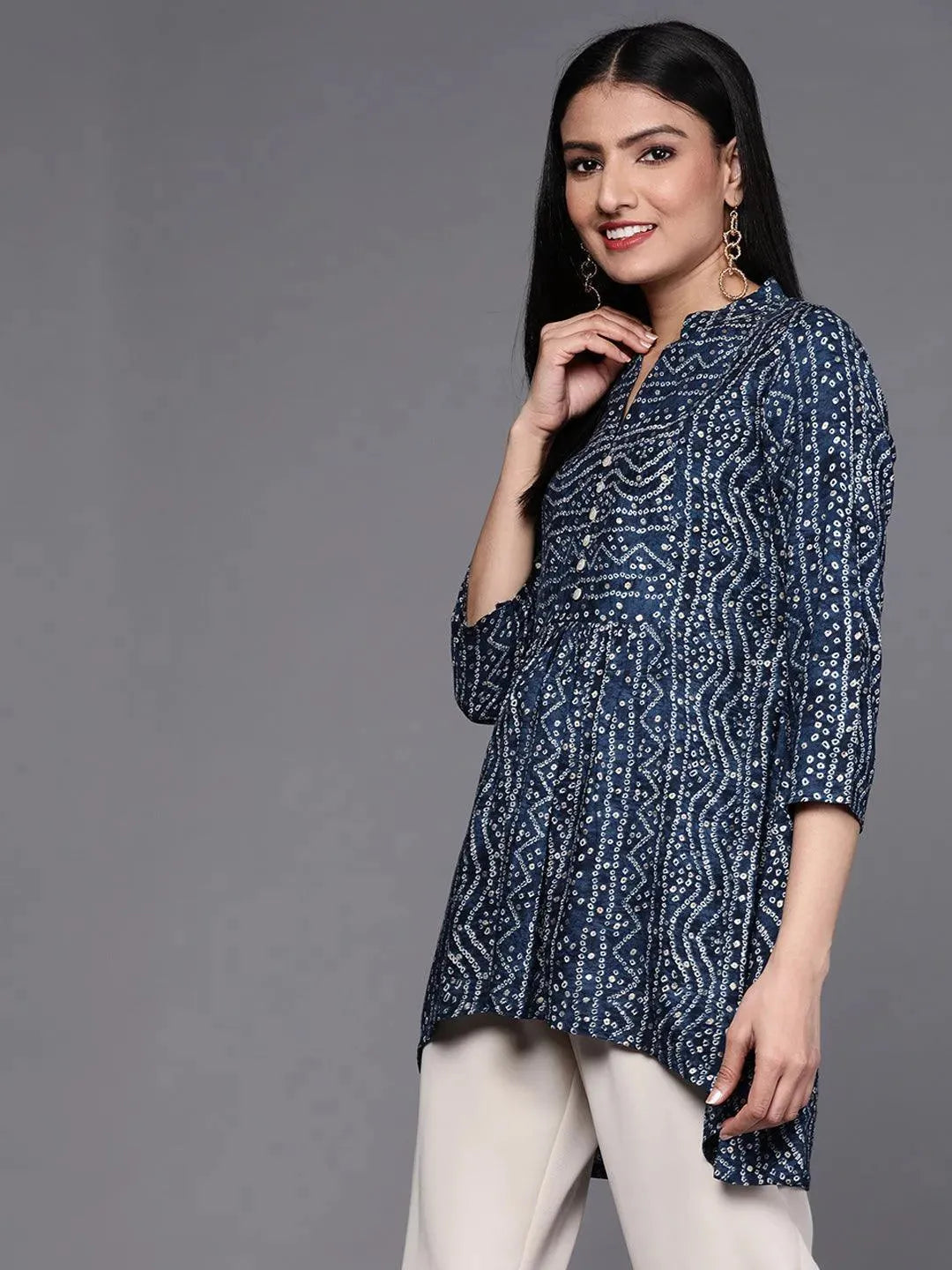 Navy Blue Printed Viscose Rayon Kurti - Libas