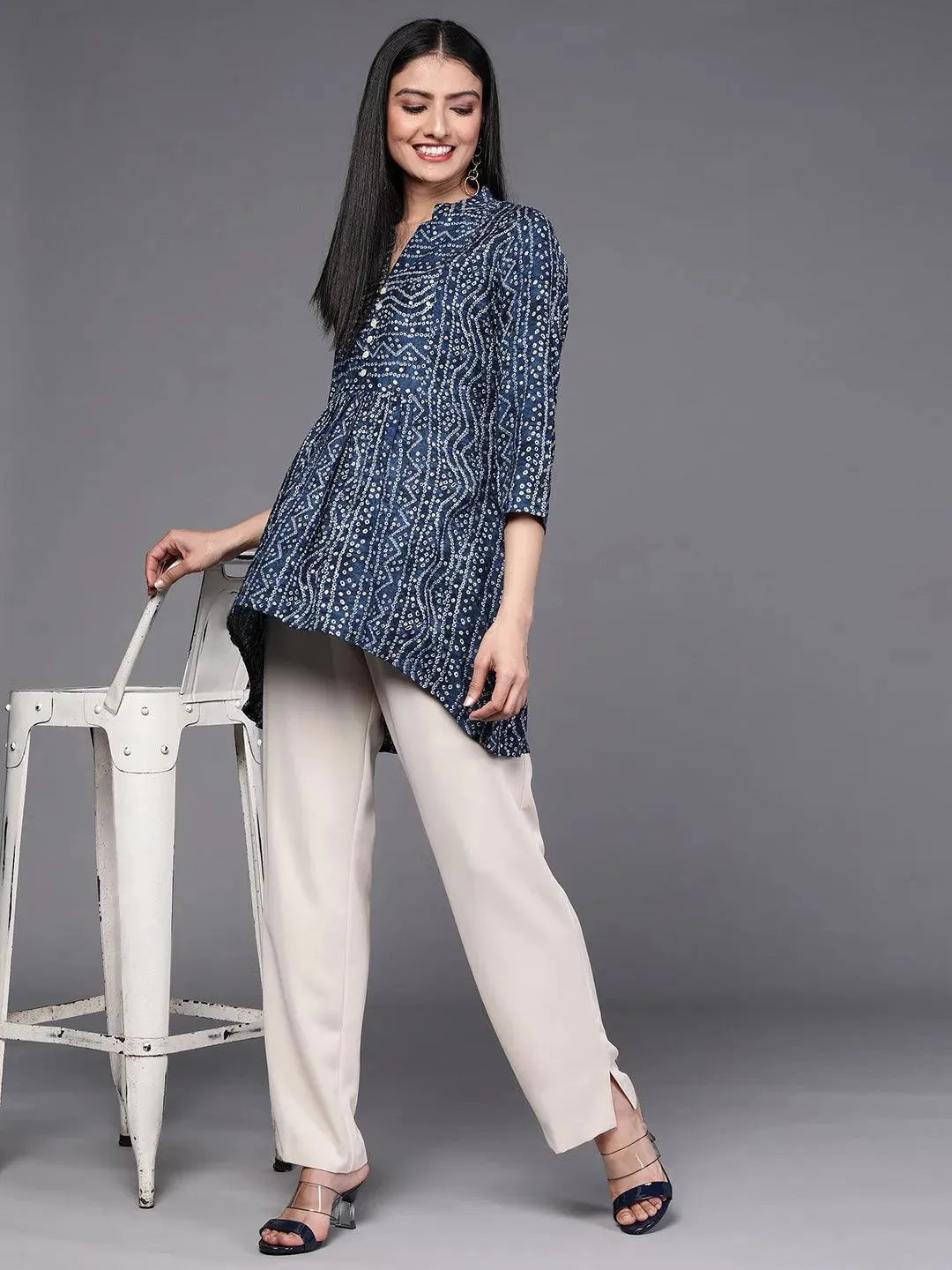 Navy Blue Printed Viscose Rayon Kurti - Libas