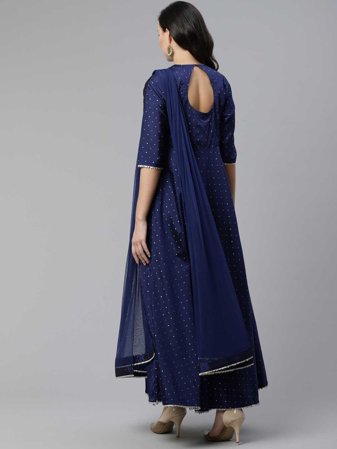 Navy Blue Self Design Chanderi Dress With Dupatta - Libas