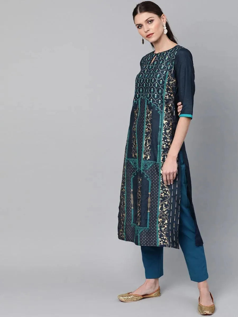 Navy Blue Self Design Chanderi Kurta - Libas 