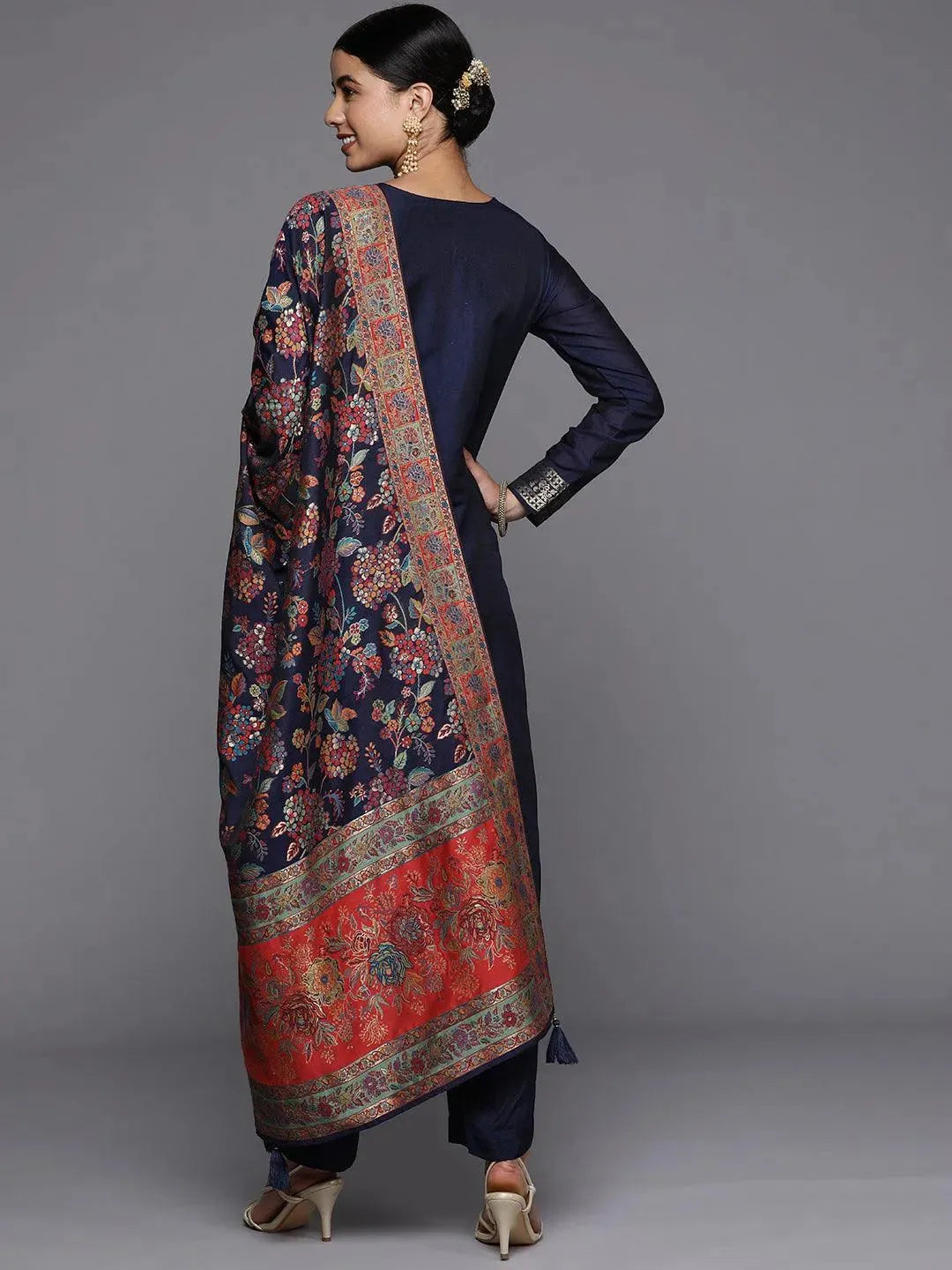 Navy Blue Self Design Silk Blend Straight Suit Set - Libas 