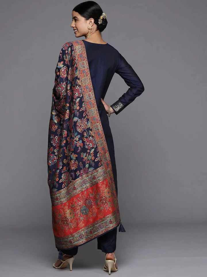 Navy Blue Self Design Silk Blend Straight Suit Set - Libas