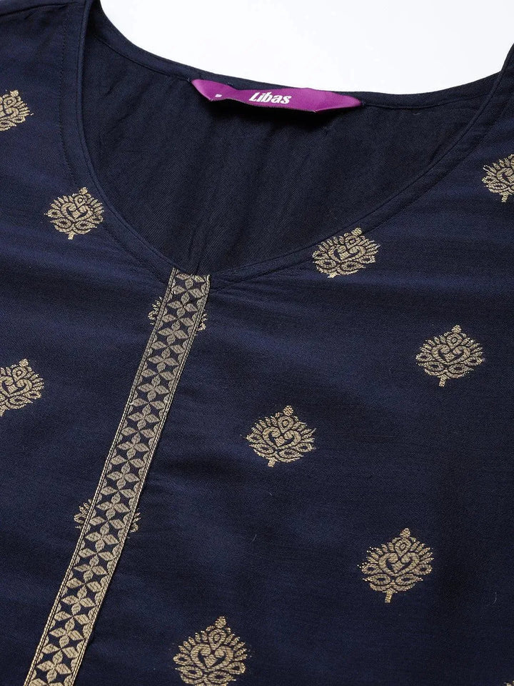 Navy Blue Self Design Silk Blend Straight Suit Set - Libas