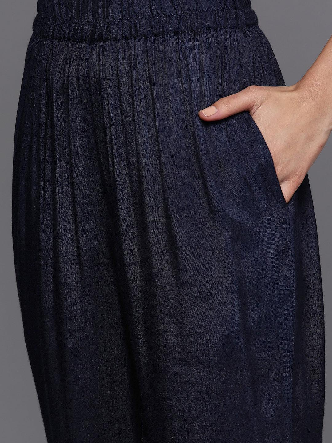 Navy Blue Self Design Silk Blend Straight Suit Set - Libas