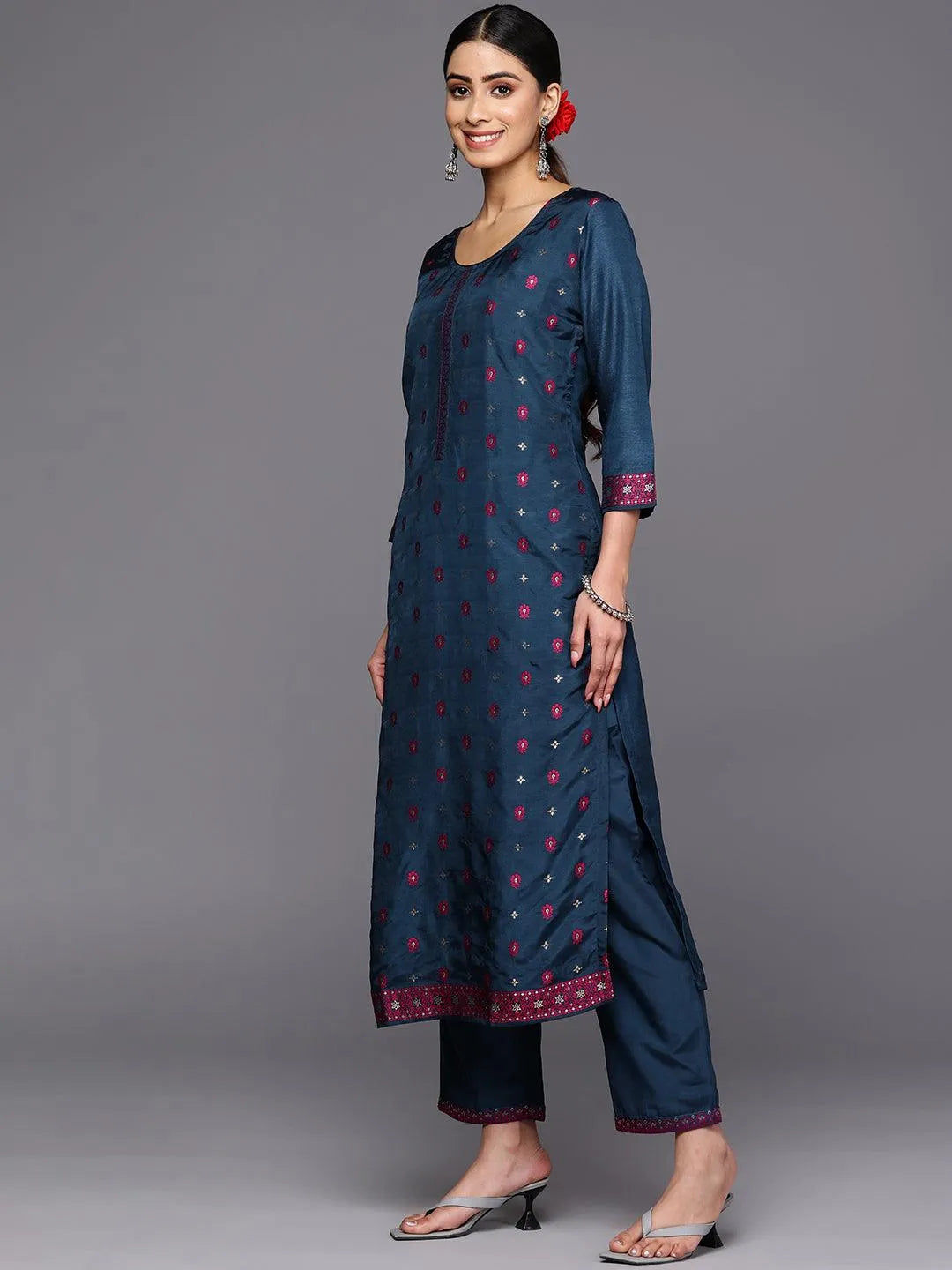 Navy Blue Self Design Silk Blend Straight Suit Set With Trousers - Libas