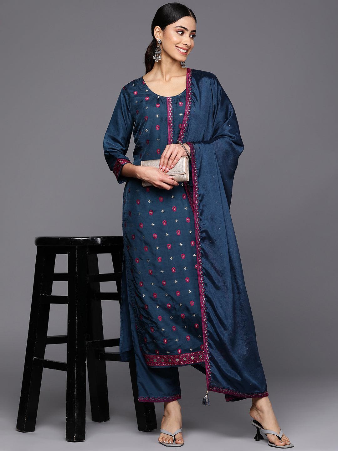 Navy Blue Self Design Silk Blend Straight Suit Set With Trousers - Libas