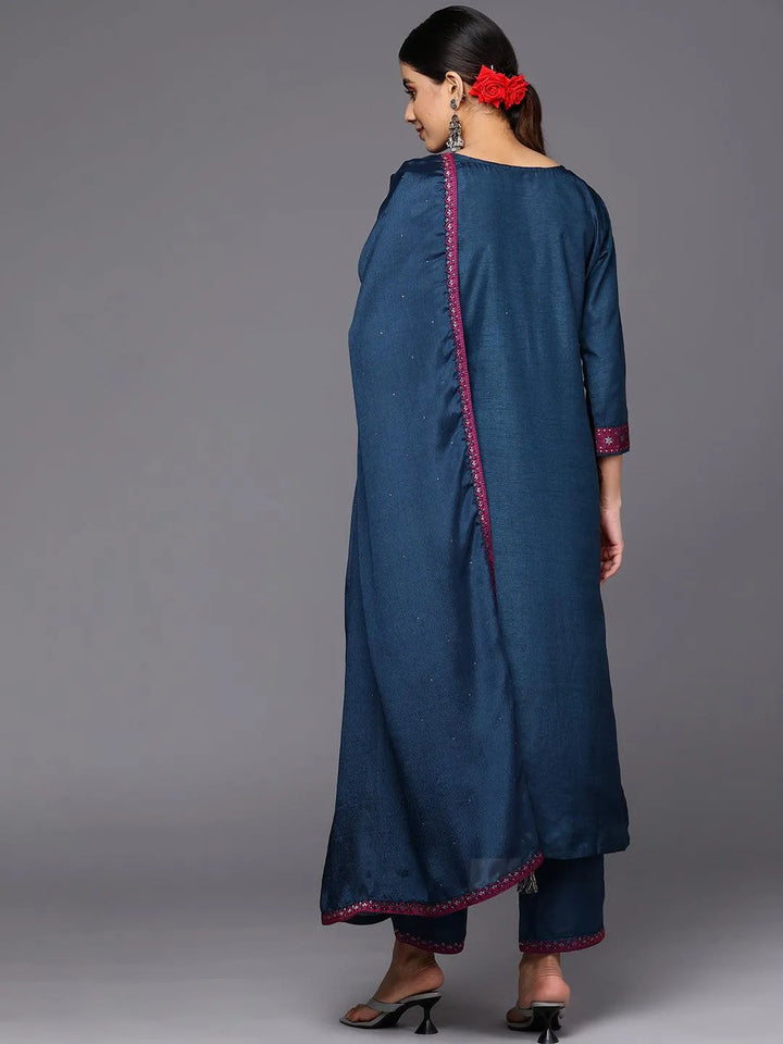 Navy Blue Self Design Silk Blend Straight Suit Set With Trousers - Libas