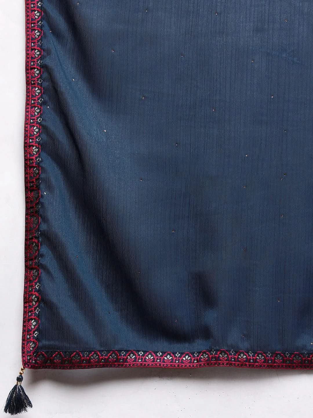 

Navy Blue Self Design Silk Blend Straight Kurta With Trousers & Dupatta