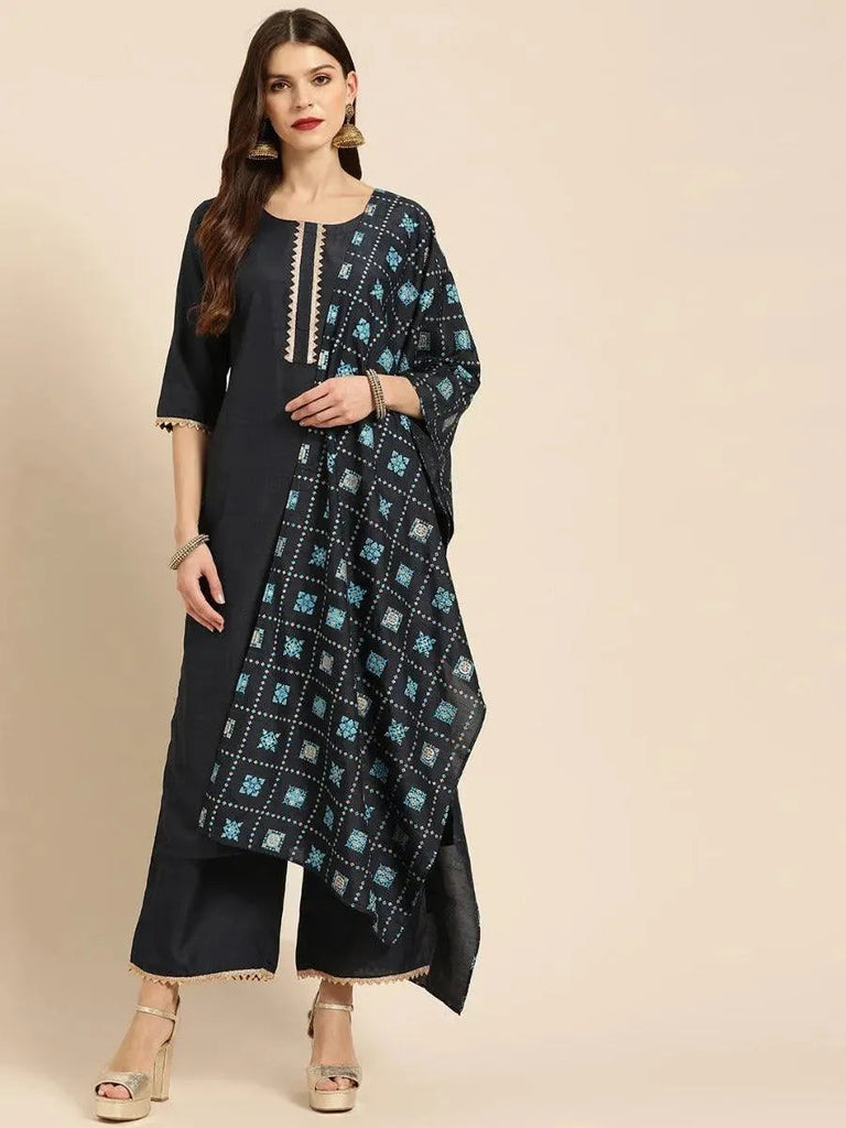 Libas Navy Blue Solid Chanderi Silk Straight Kurta With Palazzos & Stole