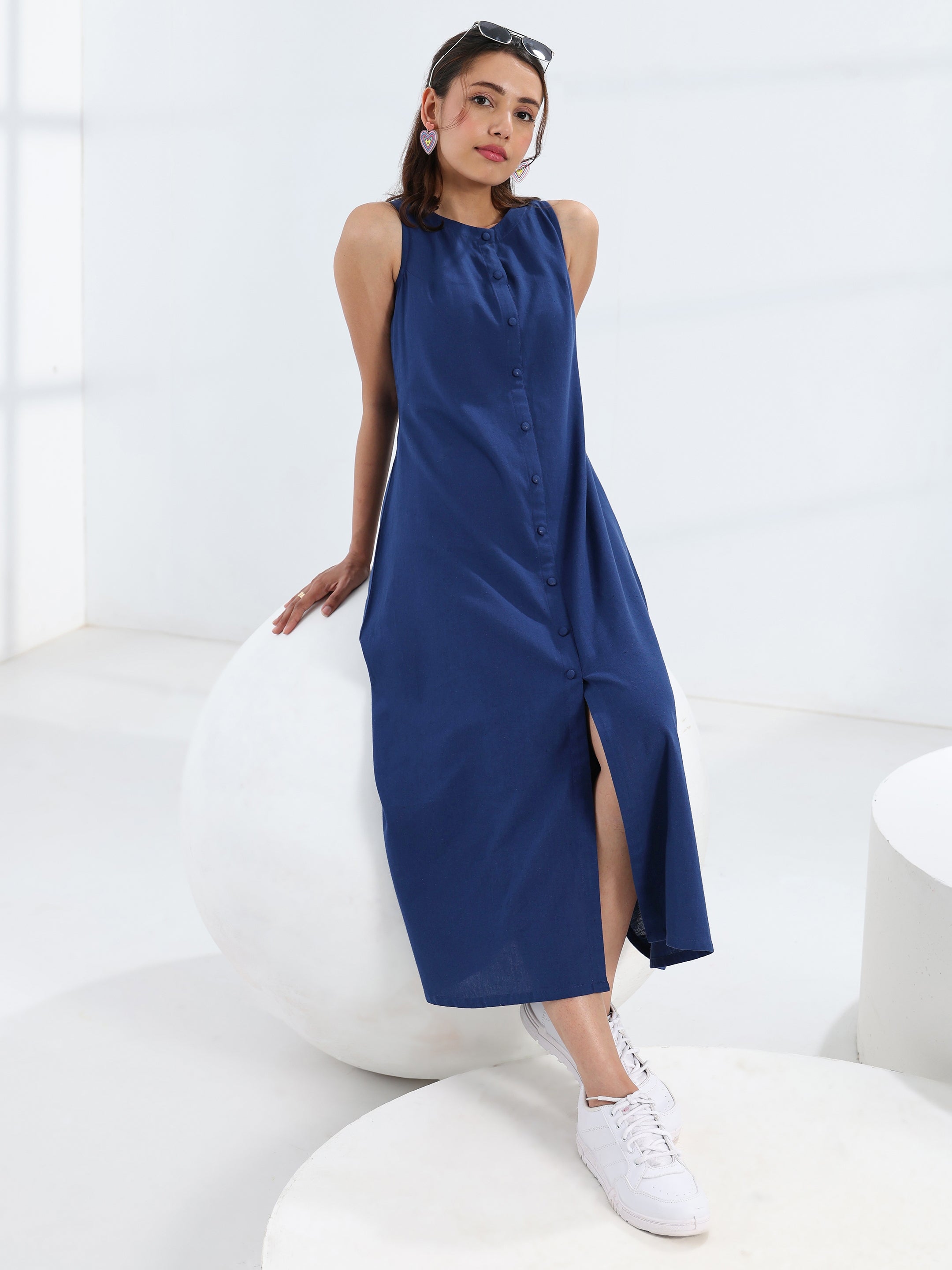 libas Navy Blue Solid Cotton A-Line One Piece Dress-picture-11
