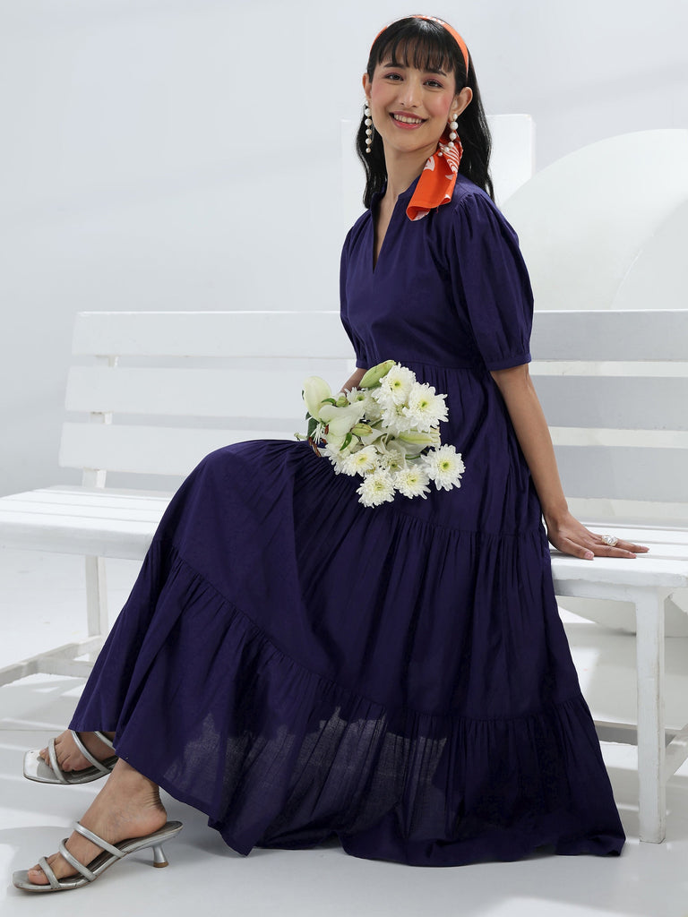 Libas Navy Blue Solid Cotton One-Piece Tiered Dress
