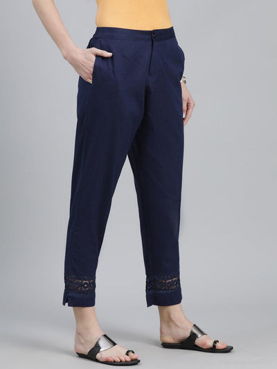 Navy Blue Solid Cotton Palazzos - Libas