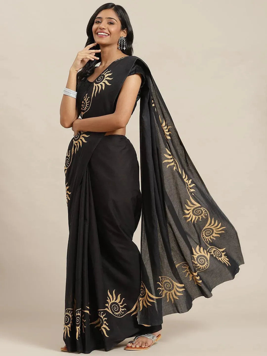 Navy Blue Solid Cotton Saree - Libas