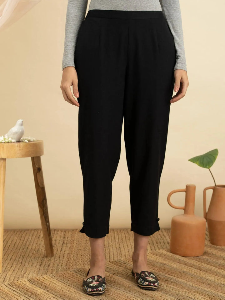 Navy Blue Solid Cotton Trousers - Libas