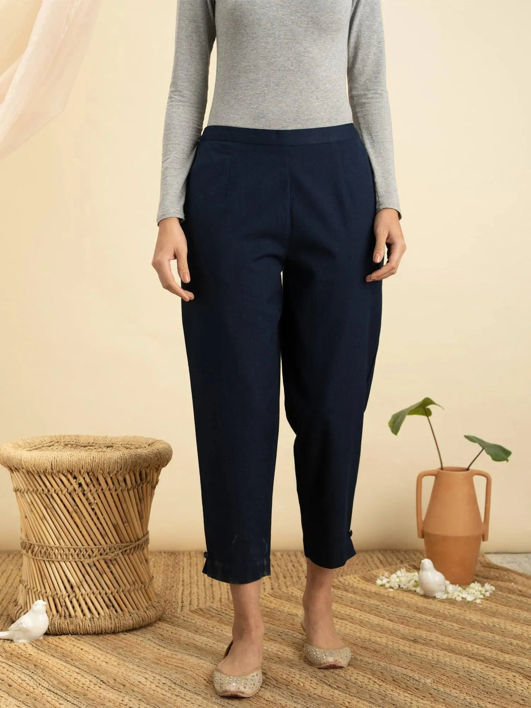 Navy Blue Solid Cotton Trousers - Libas 