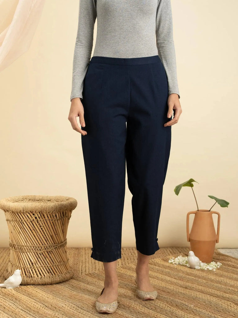 Libas Navy Blue Solid Cotton Trousers