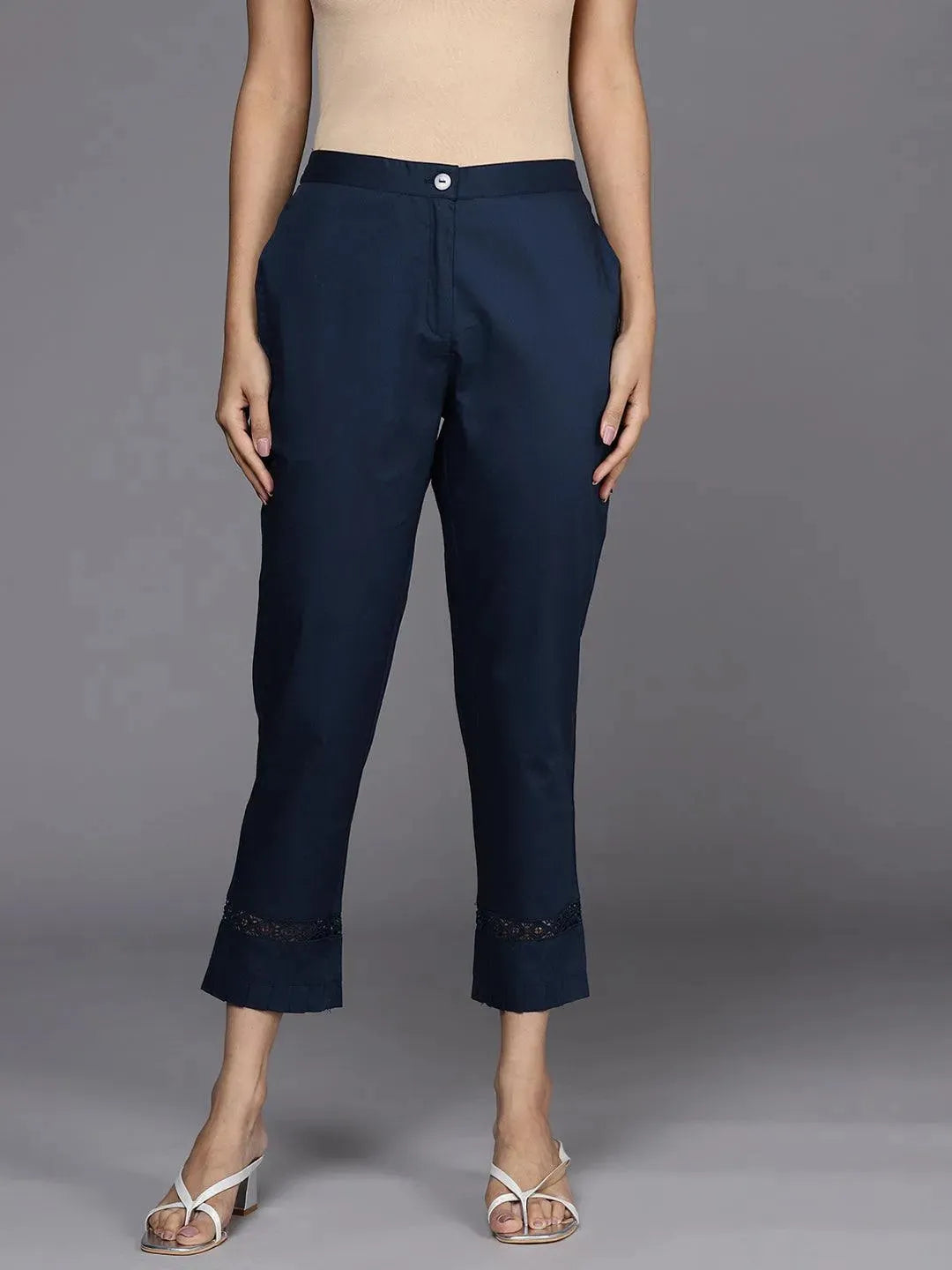 Navy Blue Solid Cotton Trousers - Libas