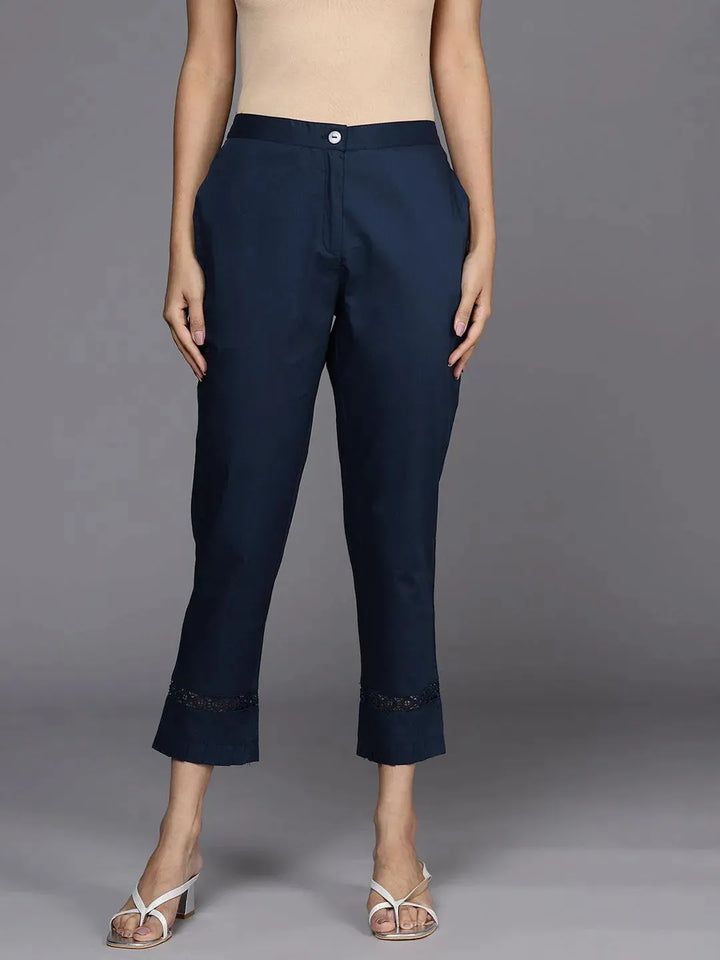 Navy Blue Solid Cotton Trousers - Libas