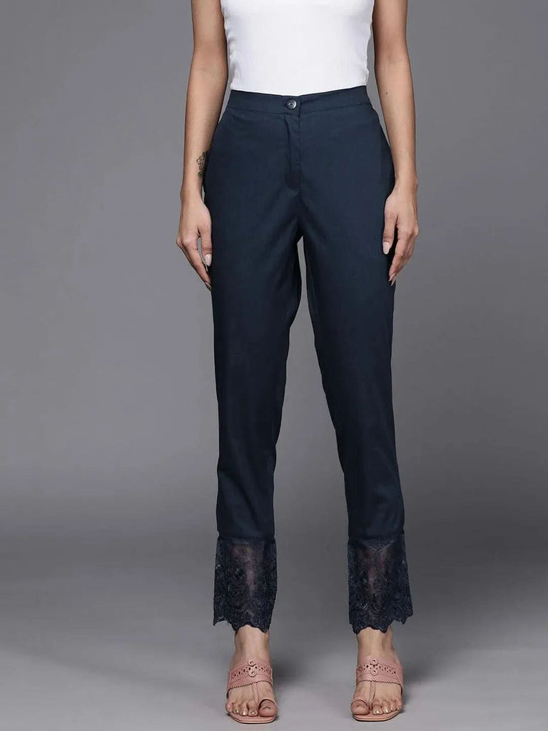 Libas Navy Blue Solid Cotton Trousers