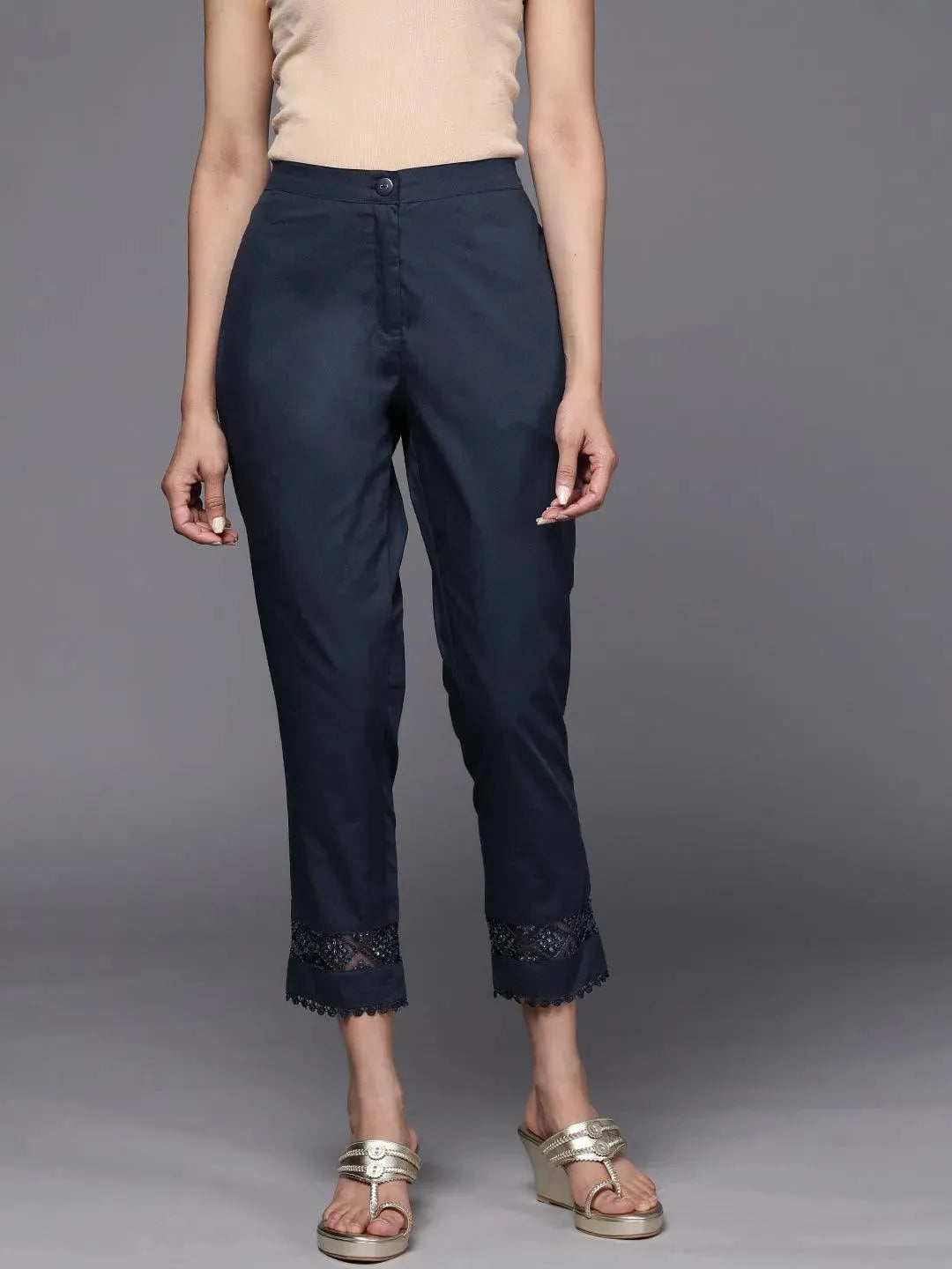 Navy Blue Solid Cotton Trousers - Libas