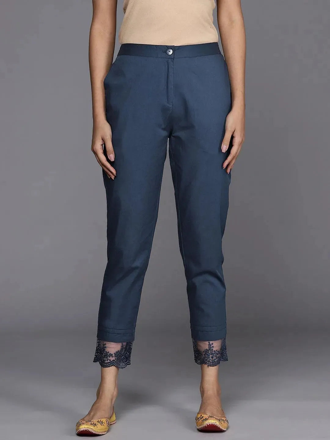 Navy Blue Solid Cotton Trousers - Libas