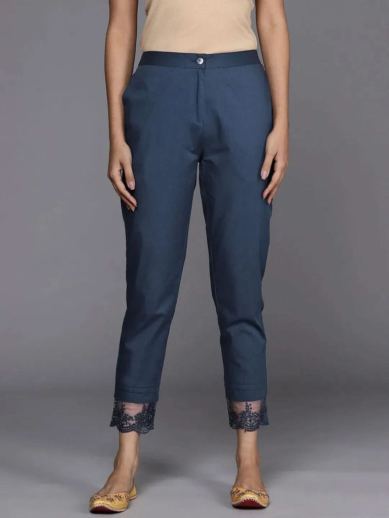 Libas Navy Blue Solid Cotton Trousers