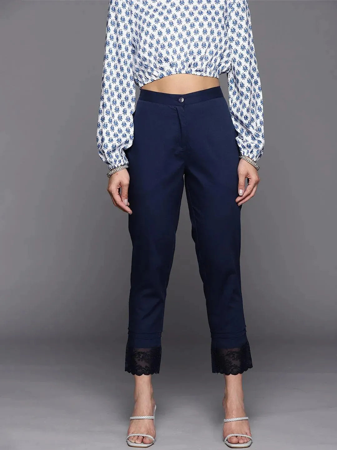 Navy Blue Solid Cotton Trousers - Libas