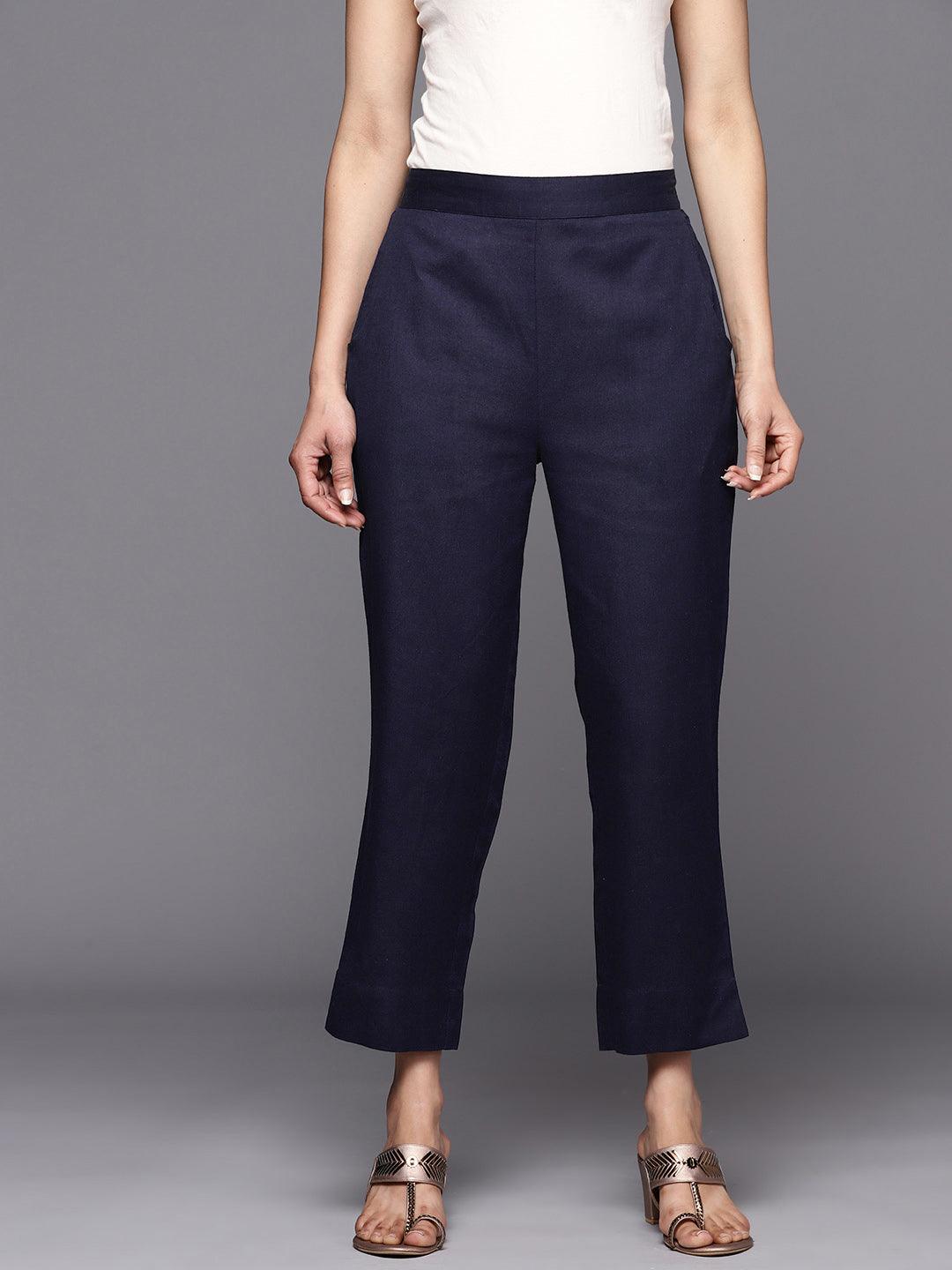 Navy Blue Solid Cotton Trousers - Libas