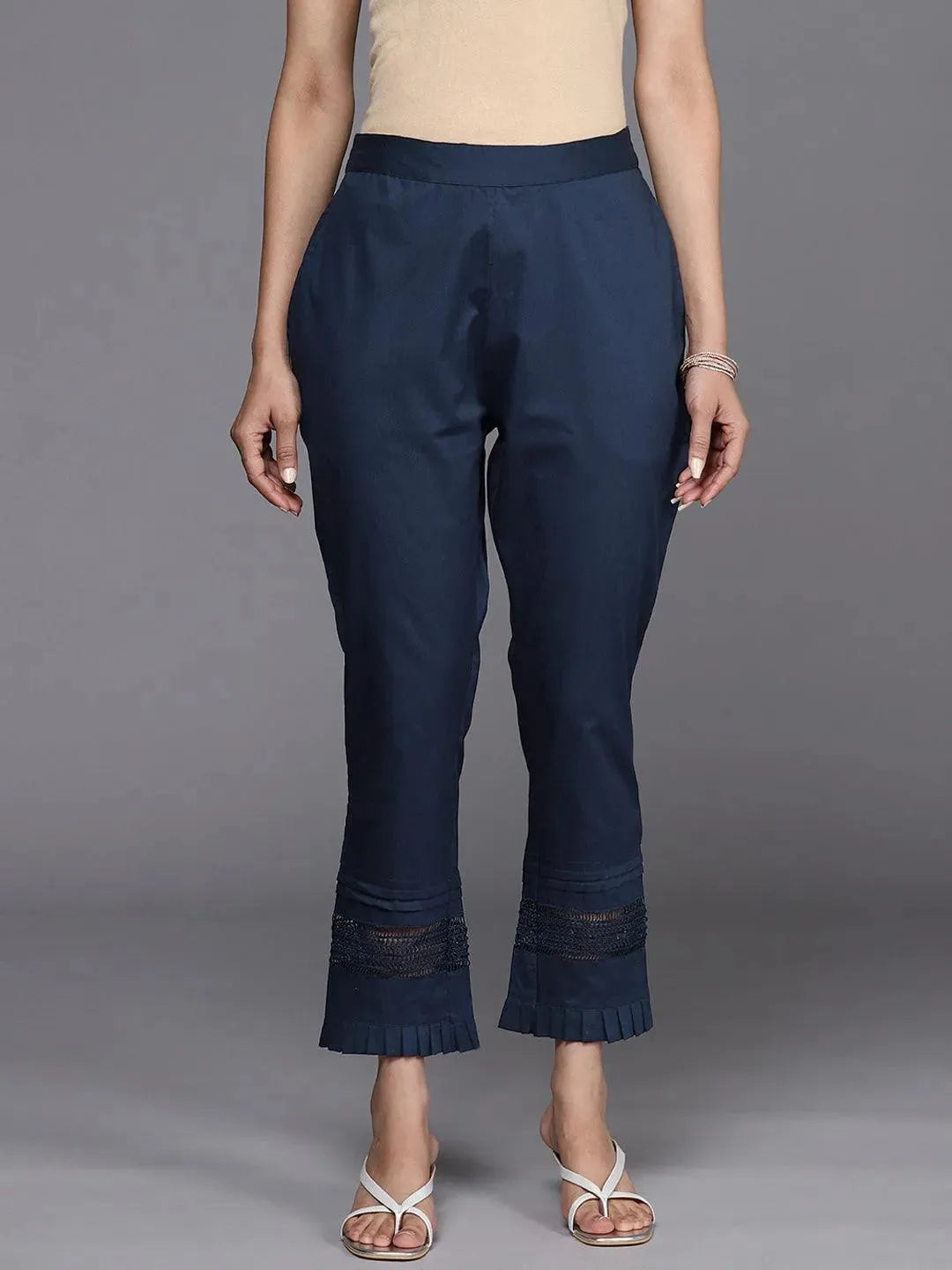 Navy Blue Solid Cotton Trousers - Libas