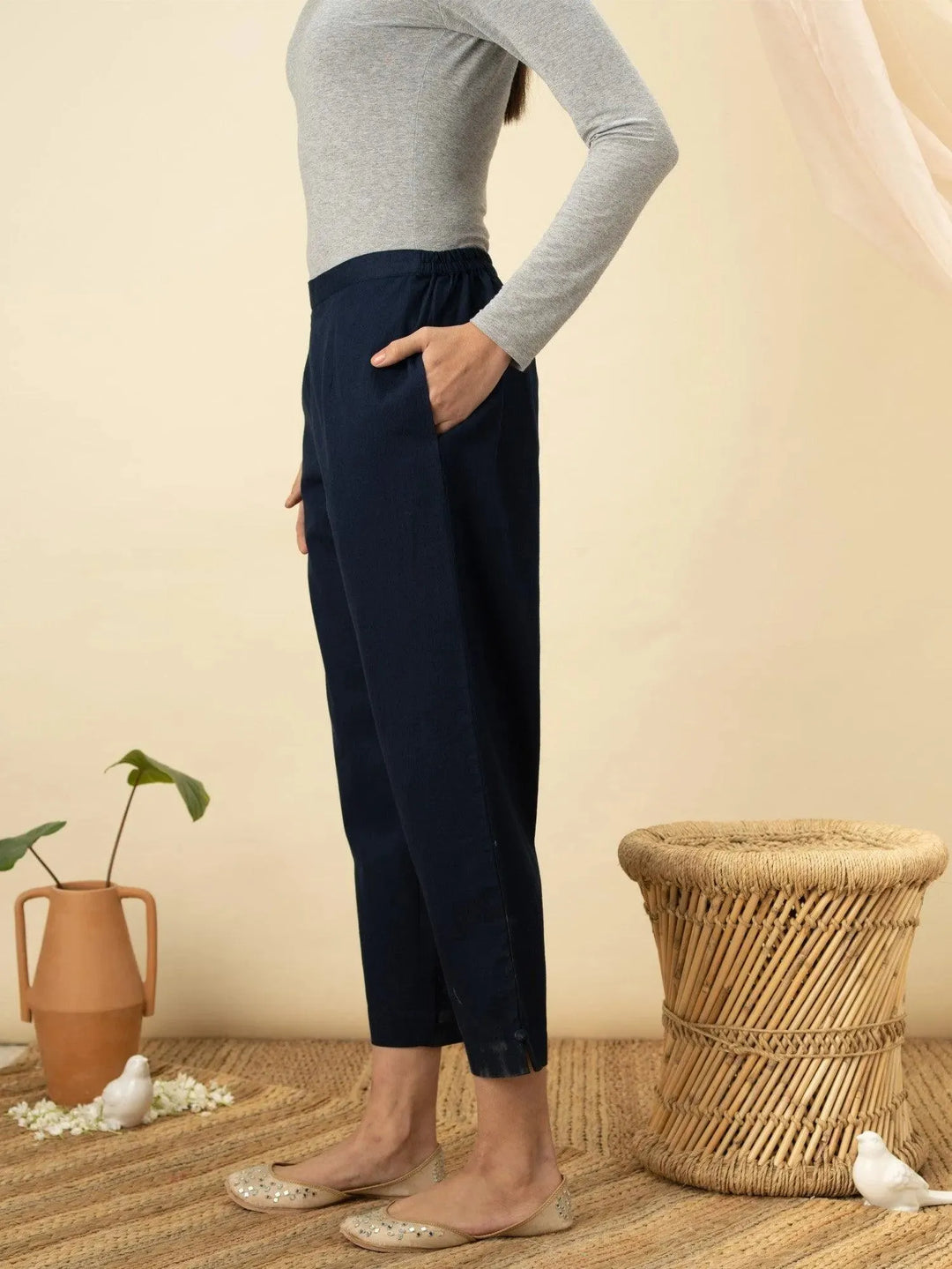 Navy Blue Solid Cotton Trousers - Libas