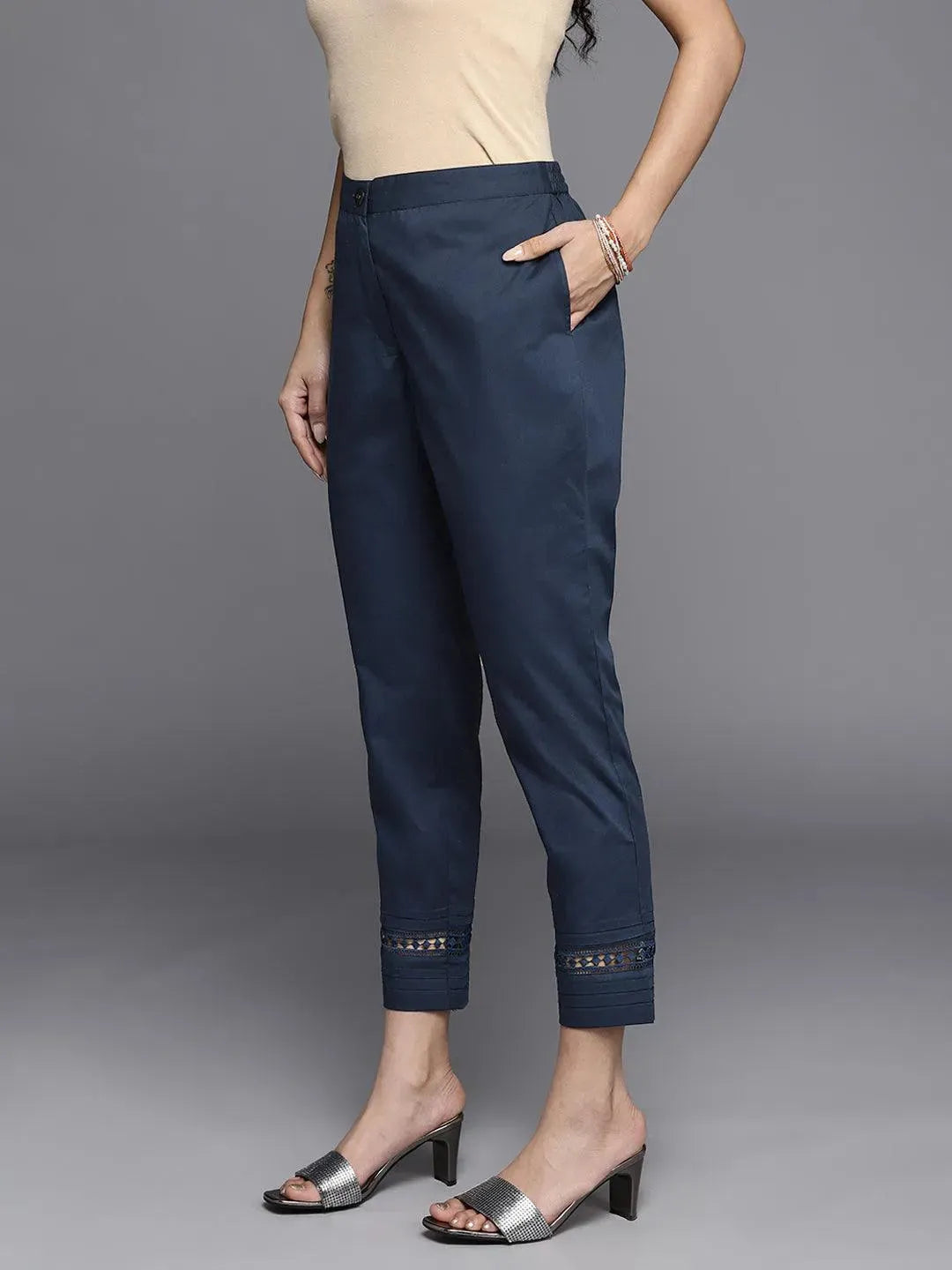 Navy Blue Solid Cotton Trousers - Libas 